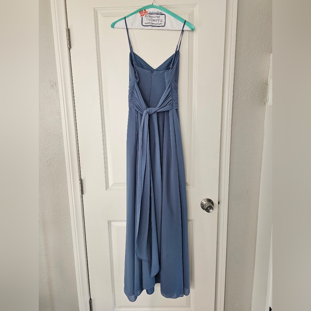 David's Bridal Chiffon Steel BLUE Maxi Dress W Pockets - Picture 5 of 8
